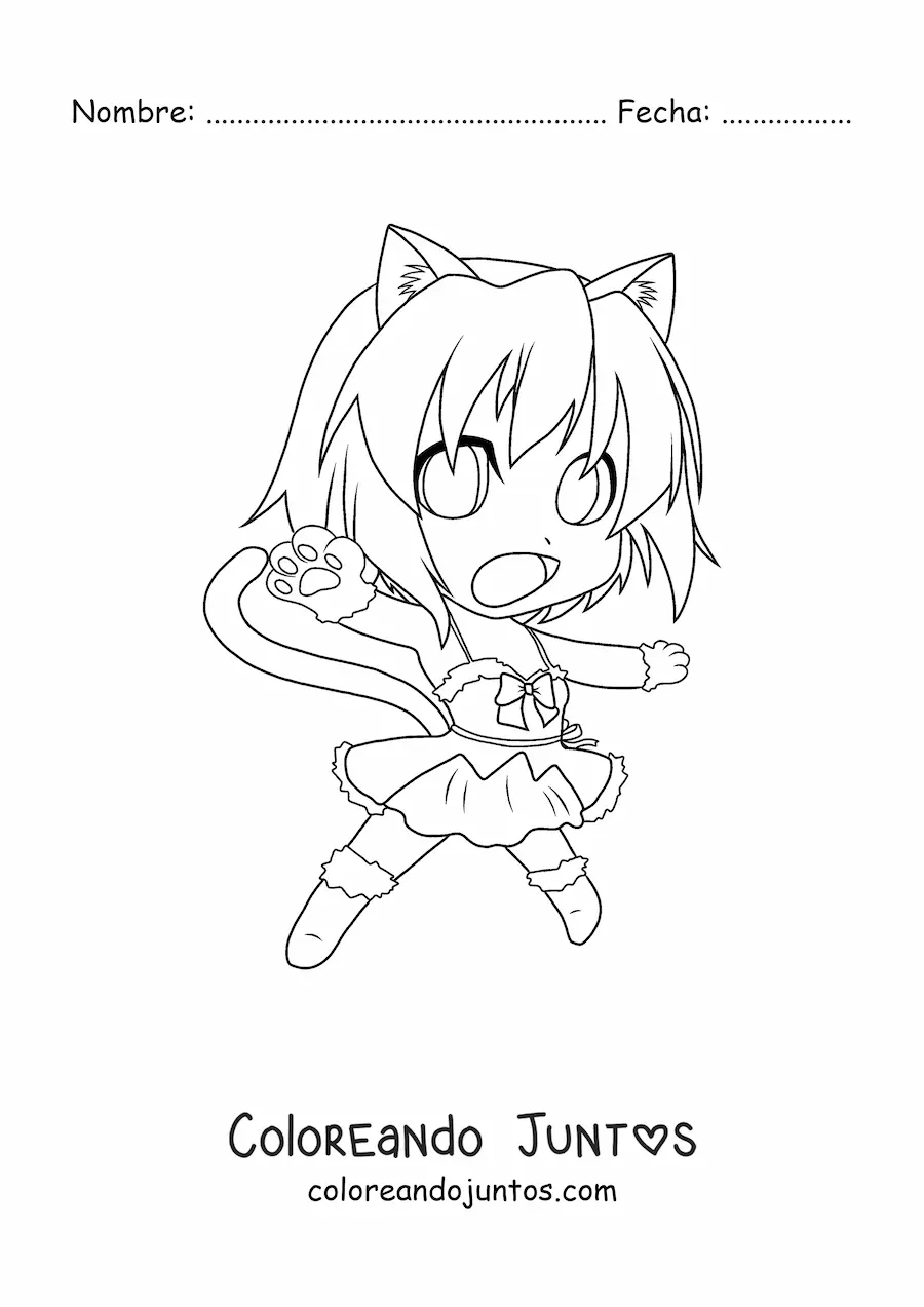 Imagen para colorear de chica kawaii chibi con disfraz de gato