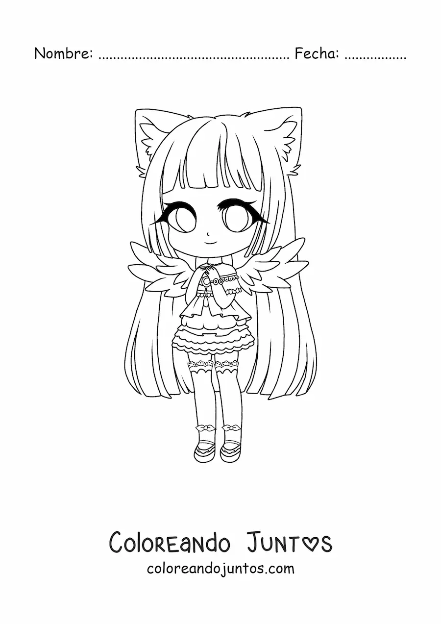 Imagen para colorear de chica fashion kawaii chibi con disfraz de gato y ángel