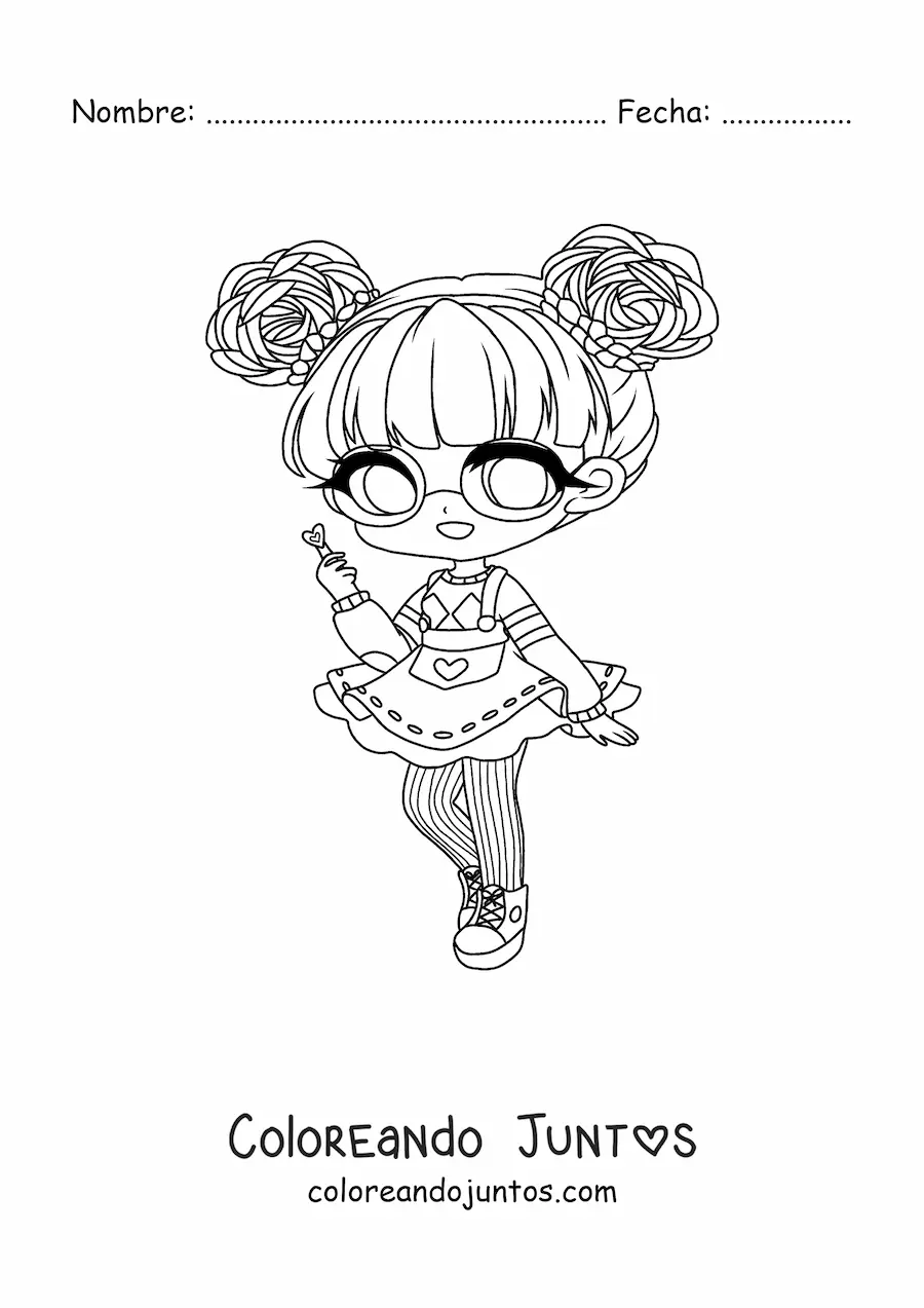 Imagen para colorear de chica nerd fashion kawaii chibi con lentes y falda