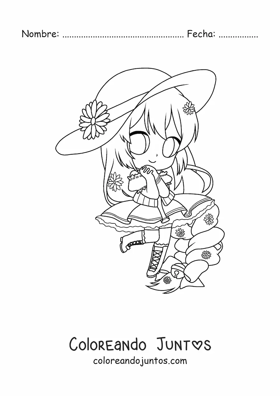 Imagen para colorear de chica fashion kawaii chibi con sombrero y vestido aesthetic