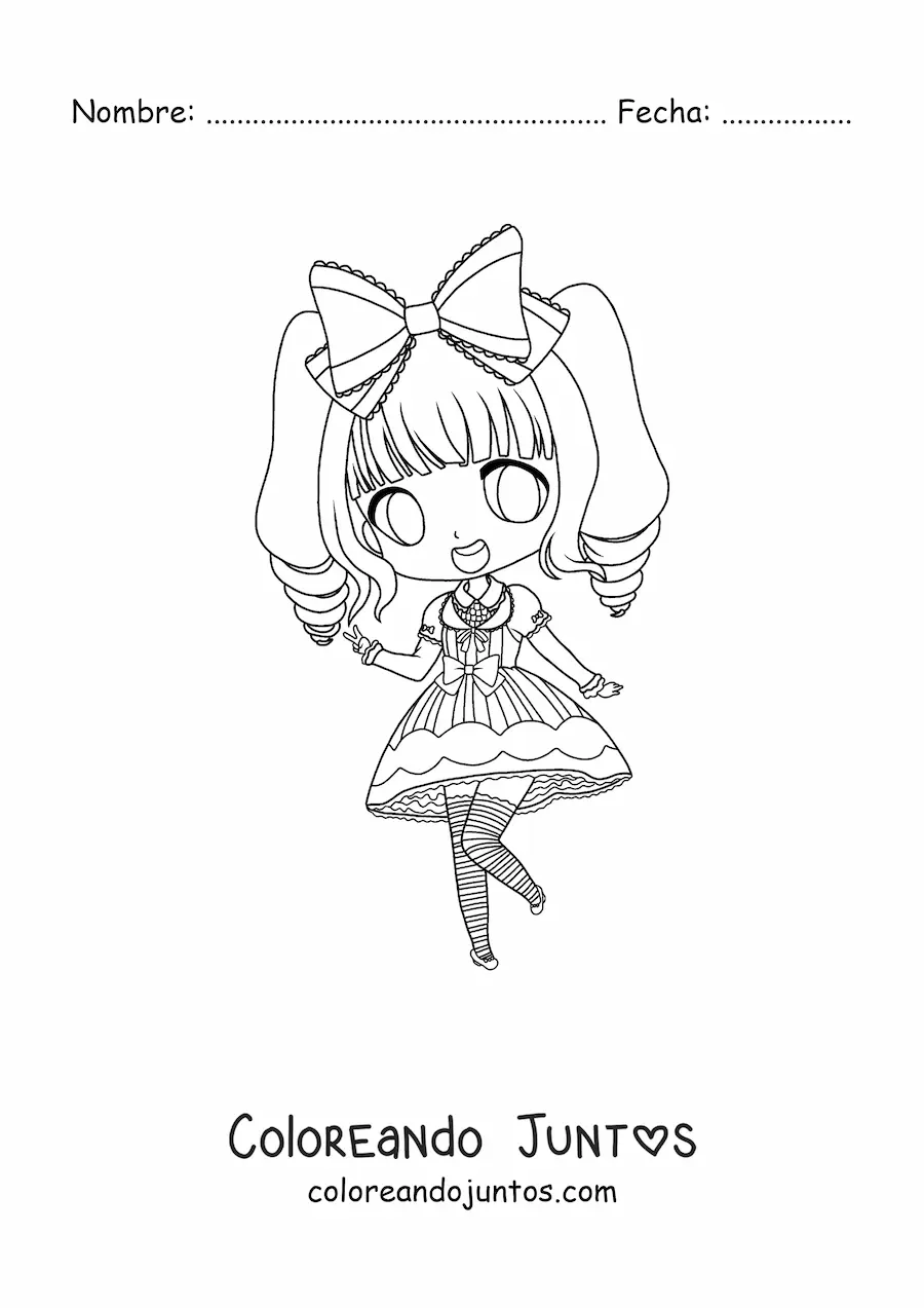 Imagen para colorear de chica fashion kawaii chibi con vestido vintage