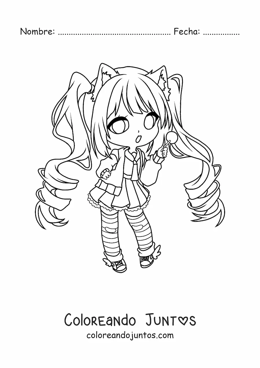 Imagen para colorear de chica fashion kawaii chibi con uniforme moderno y orejas de gato