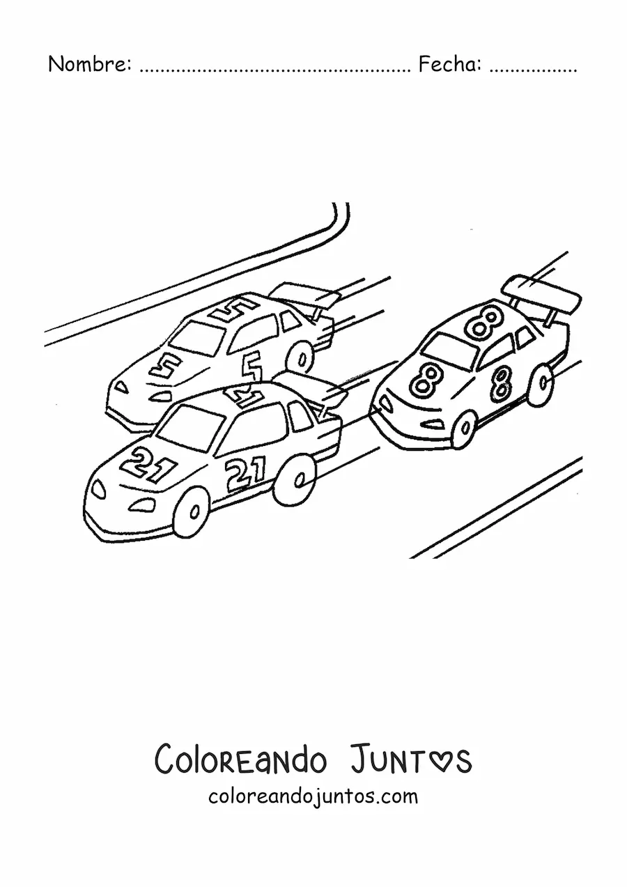 Imagen para colorear de una carrera de autos que dicen '21','5' y '8'