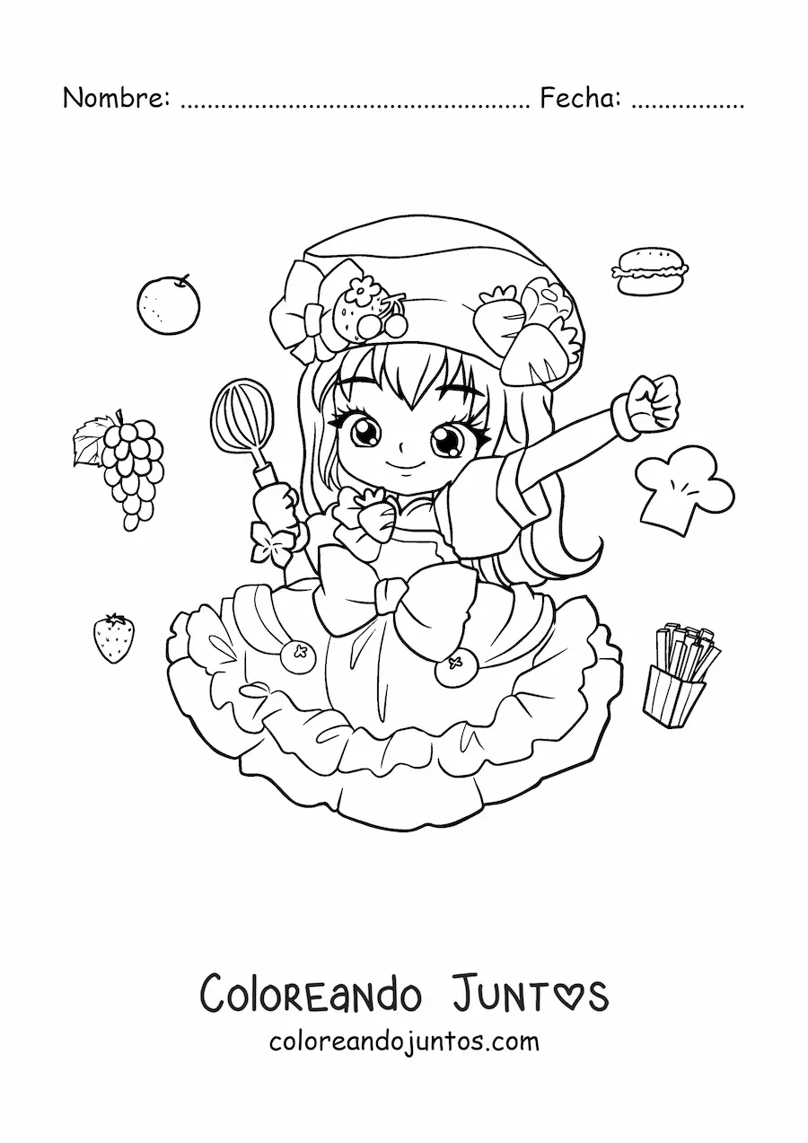 Imagen para colorear de chica fashion kawaii chibi repostera con traje de dulces