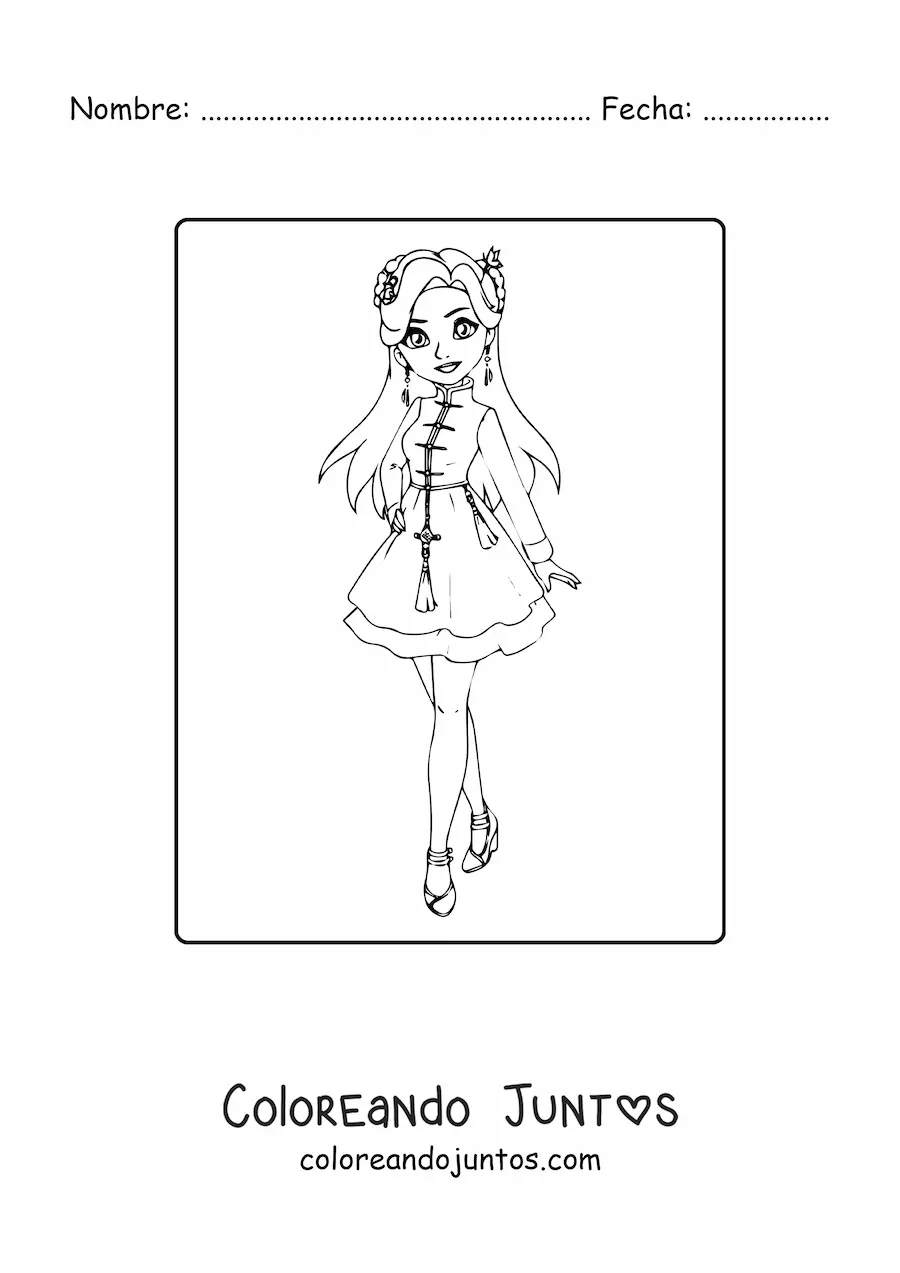 Imagen para colorear de chica animada con vestido de moda casual