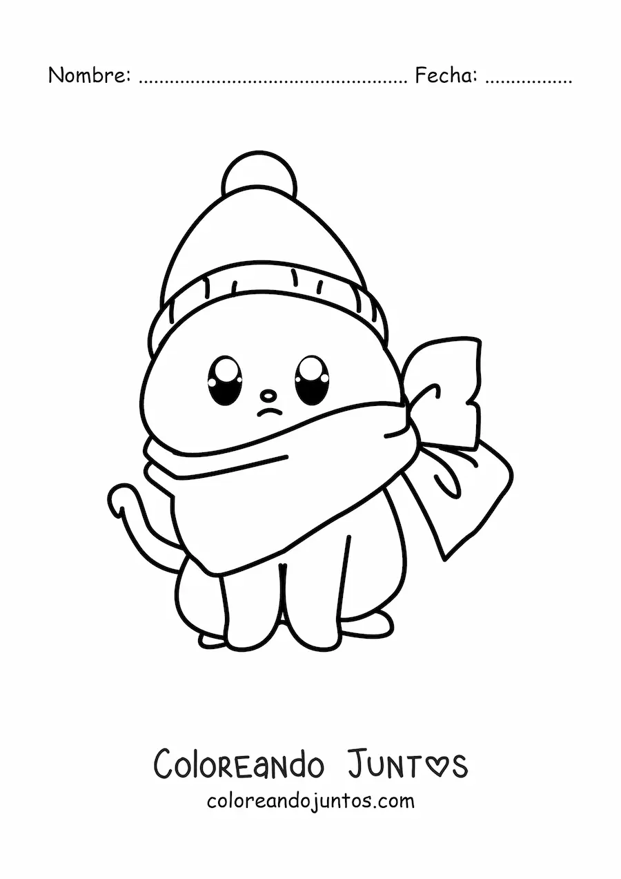 Imagen para colorear de gato kawaii con sombrero de invierno
