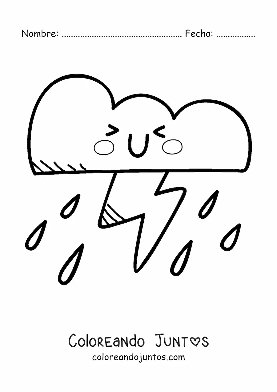 Imagen para colorear de nube de tormenta con rayo kawaii animada