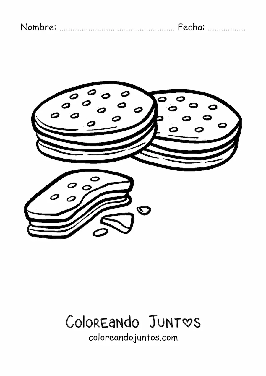Imagen para colorear de dos galletas rellenas y una por la mitad