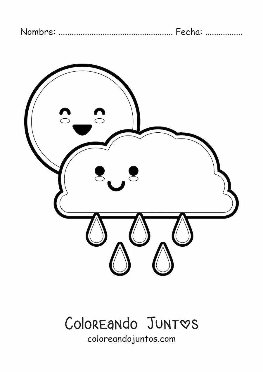 Imagen para colorear de nube de lluvia kawaii animada y Sol