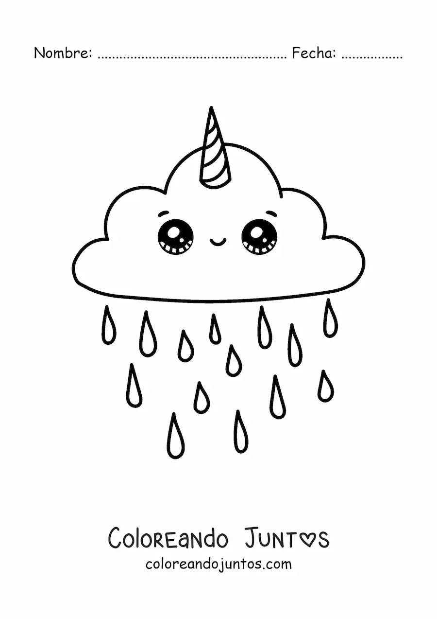 Imagen para colorear de nube de unicornio kawaii con lluvia