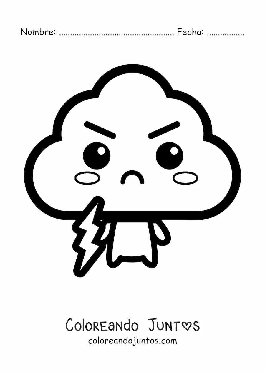 Imagen para colorear de nube kawaii con rayo