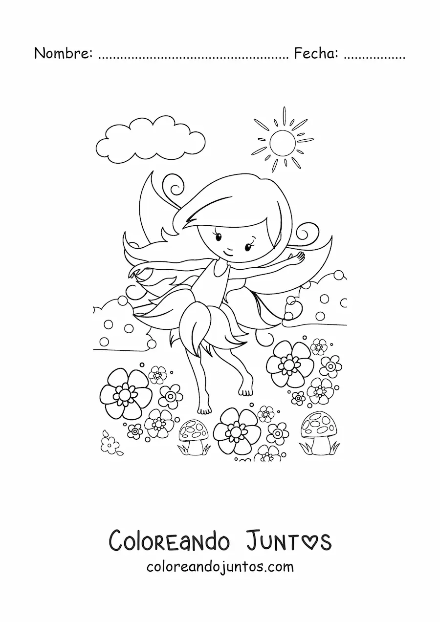 Imagen para colorear de hada kawaii en primavera