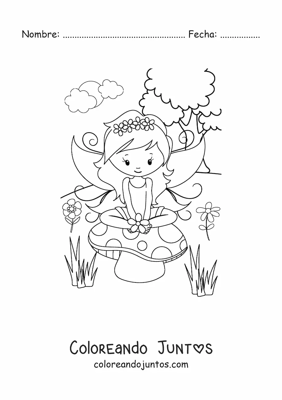 Imagen para colorear de hada kawaii en campo primaveral