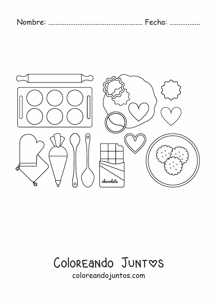 Imagen para colorear de moldes y materiales para hacer y hornear galletas