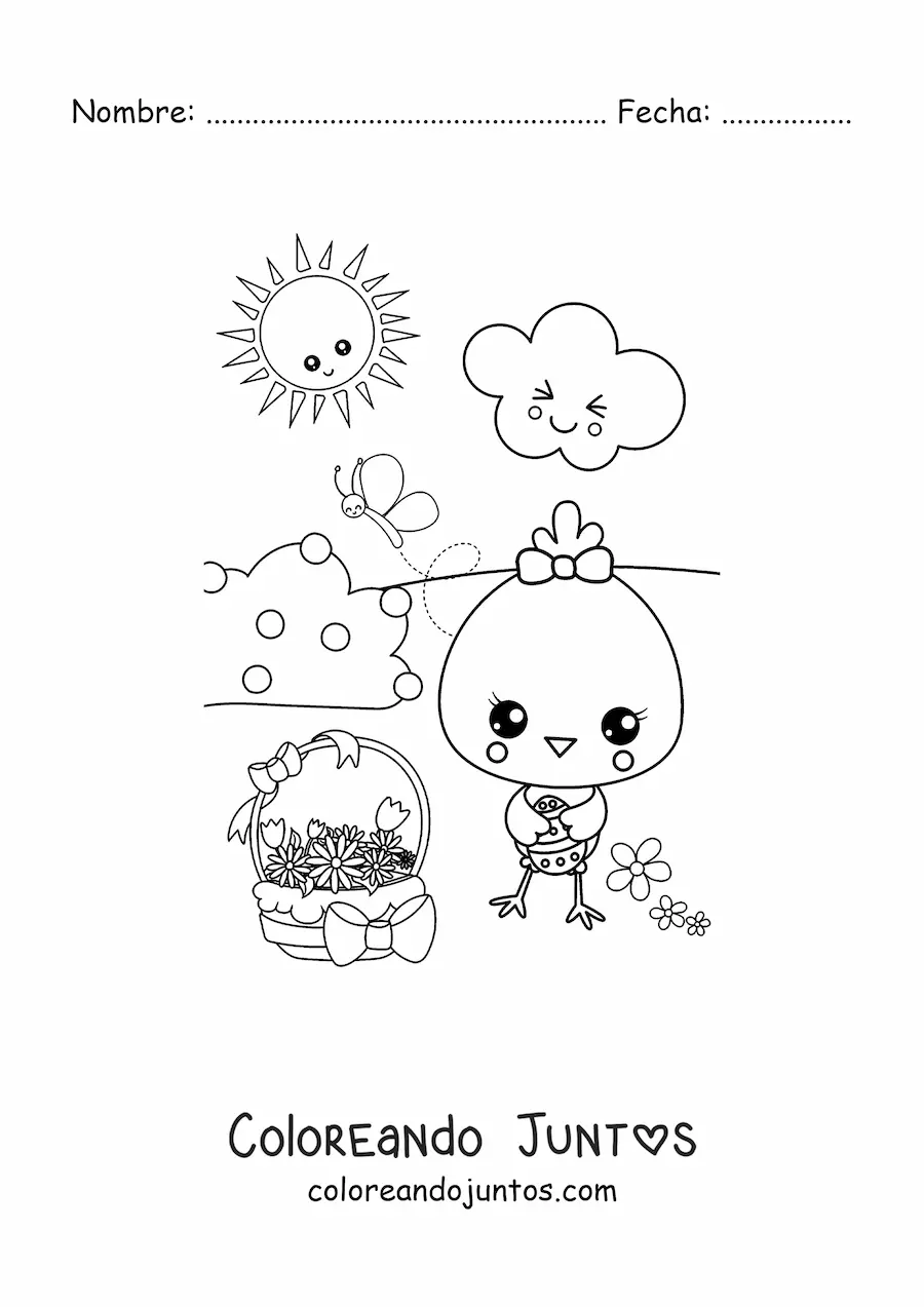 Imagen para colorear de pollito kawaii en primavera