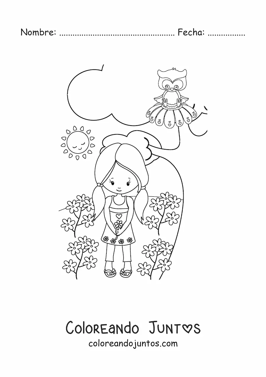 Imagen para colorear de niña kawaii en campo primaveral