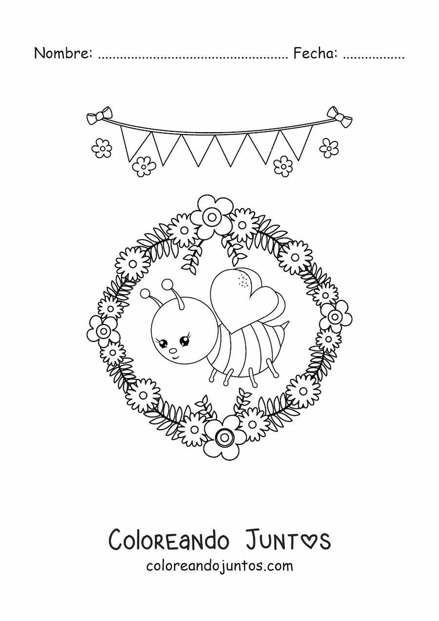 Imagen para colorear de abeja kawaii con flores de primavera