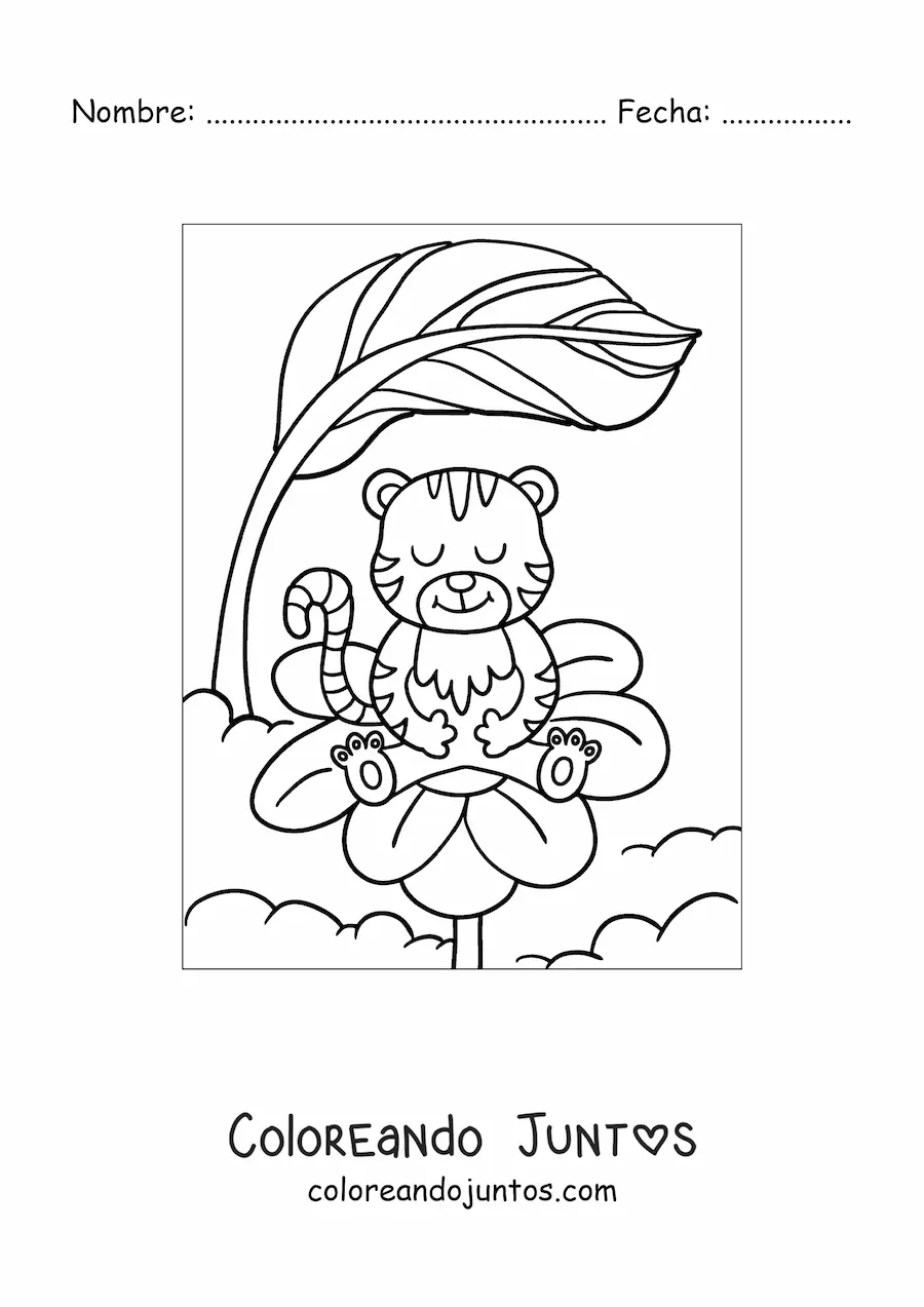 Imagen para colorear de tigre kawaii animado en flor de primavera