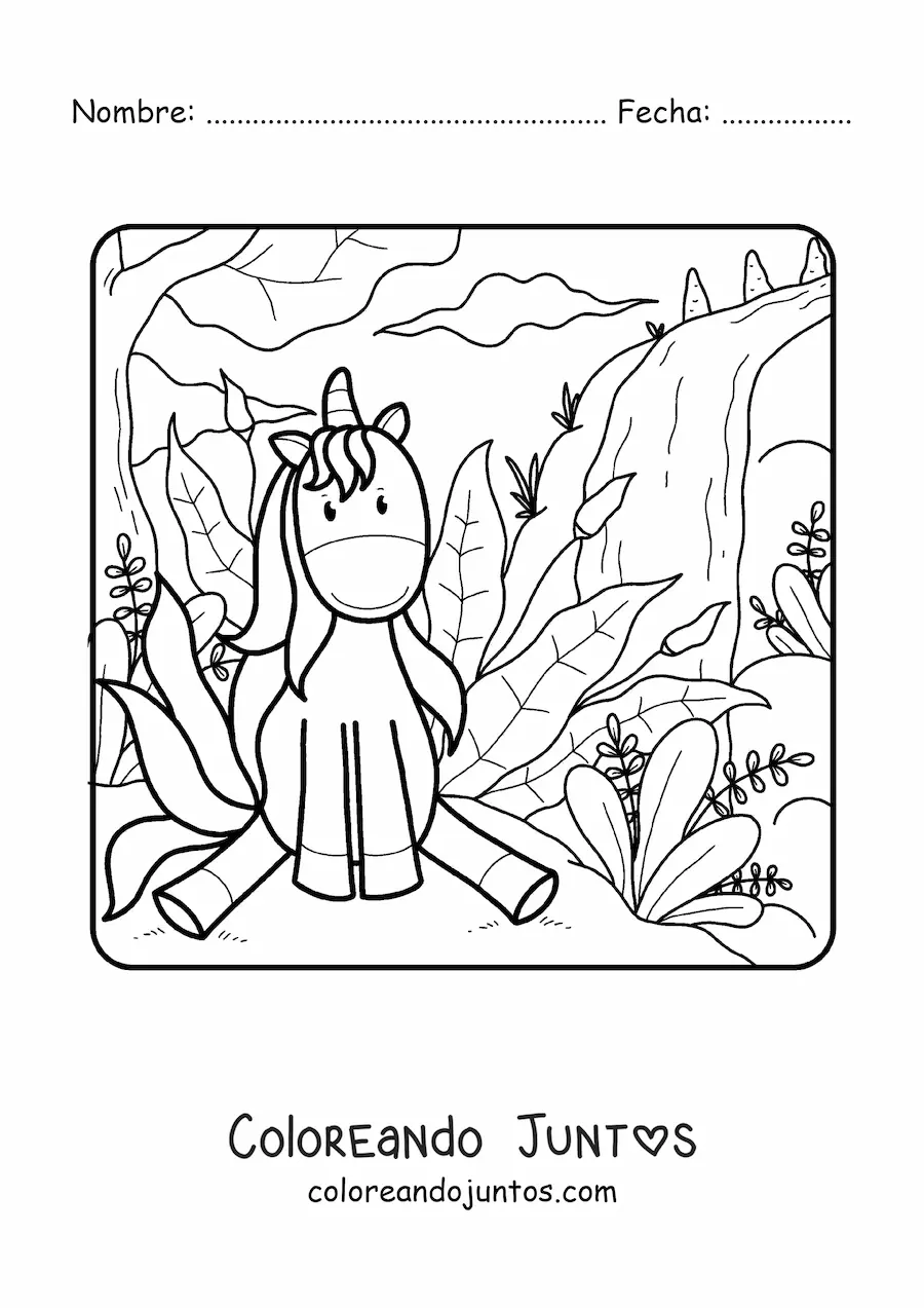Imagen para colorear de unicornio animado sentado campo de primavera