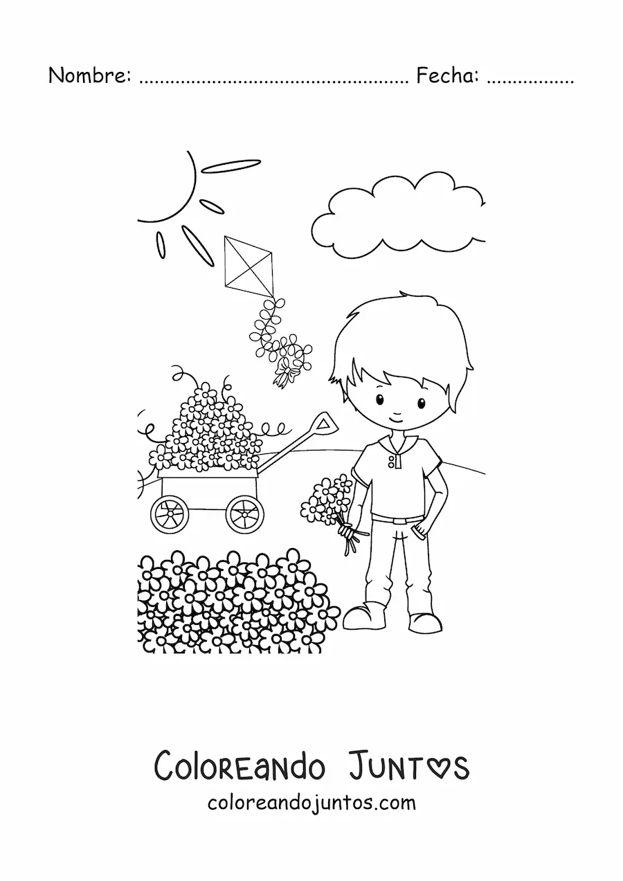 Imagen para colorear de niño kawaii en primavera con flores