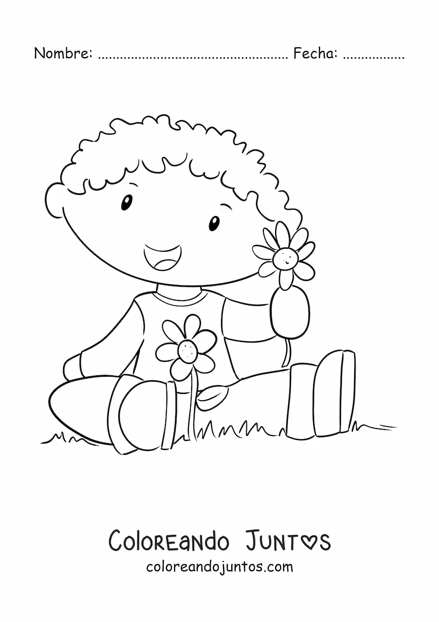 Imagen para colorear de niño kawaii en el campo en primavera