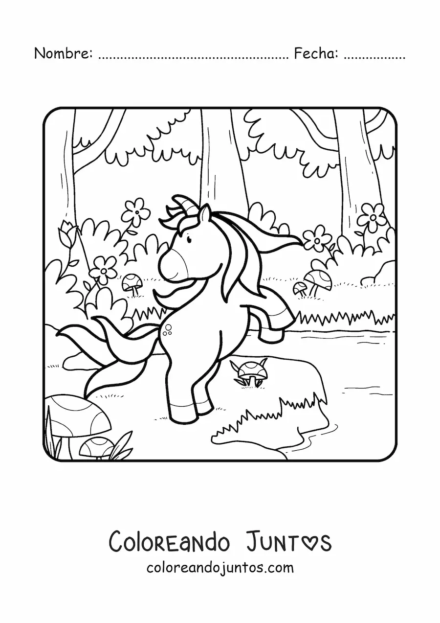Imagen para colorear de unicornio en primavera en el bosque