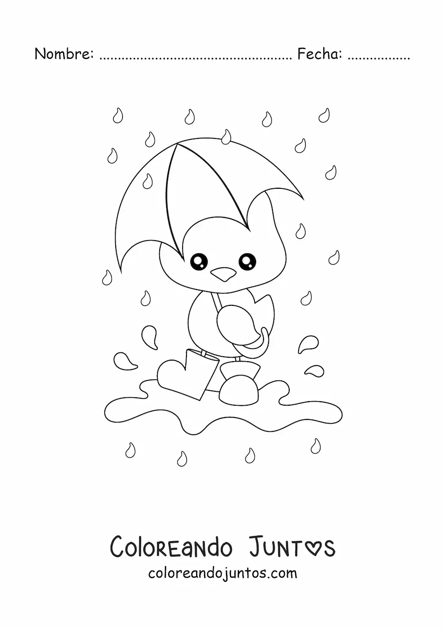 Imagen para colorear de pollito kawaii bajo la lluvia de primavera