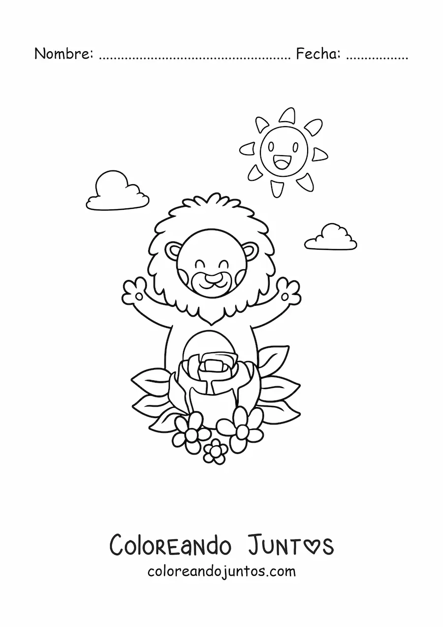Imagen para colorear de león animado kawaii con flores de primavera