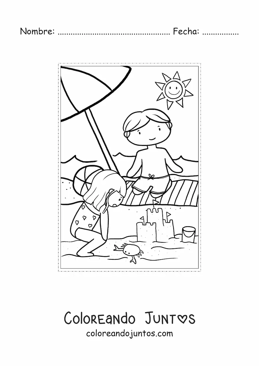Imagen para colorear de niños kawaii en playa en verano