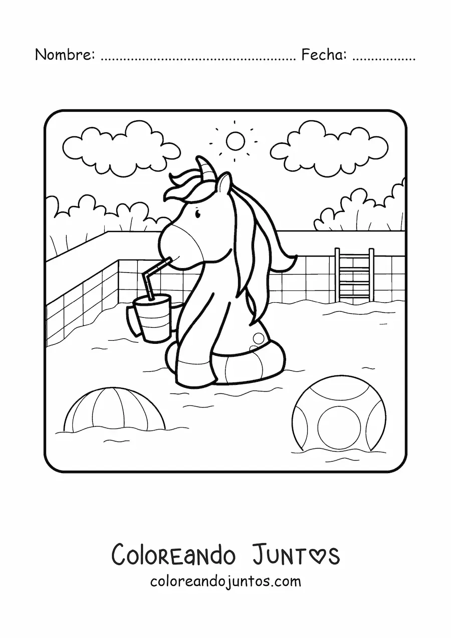 Imagen para colorear de unicornio animado en piscina de verano