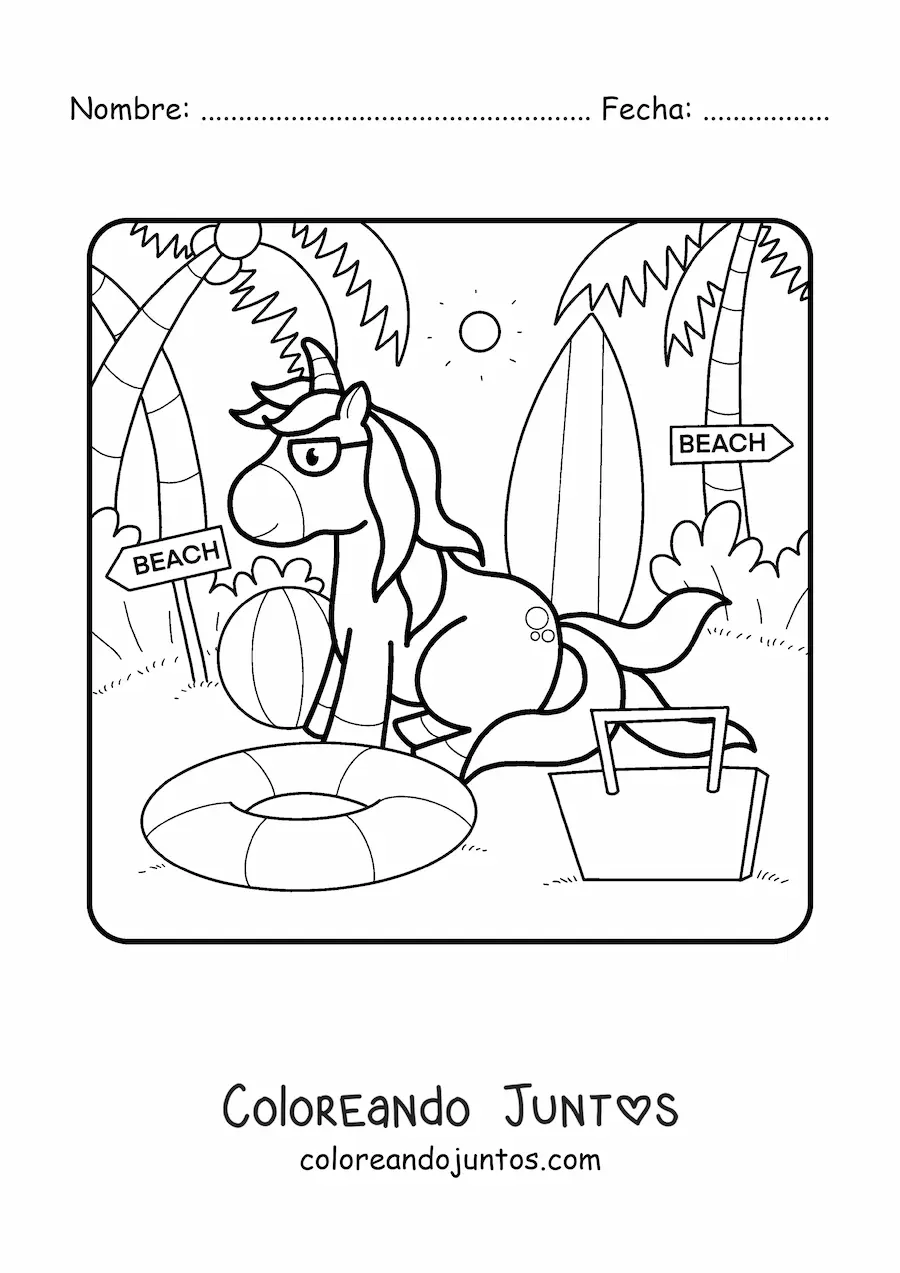 Imagen para colorear de unicornio en vacaciones de verano