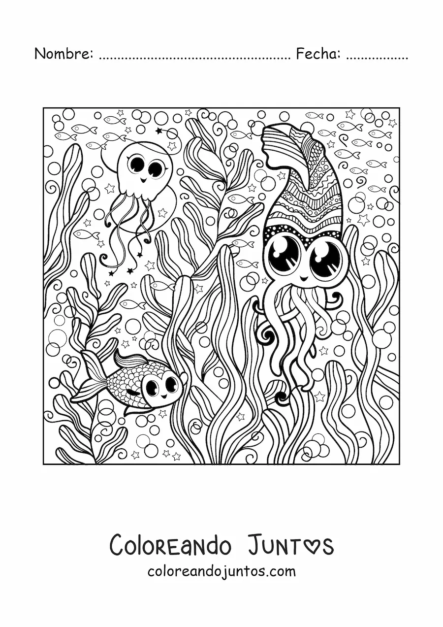 Imagen para colorear de animales marinos kawaii