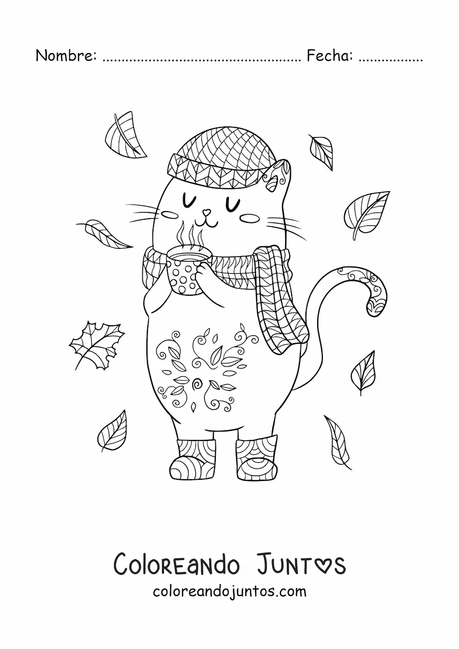 Imagen para colorear de gato kawaii animado en otoño