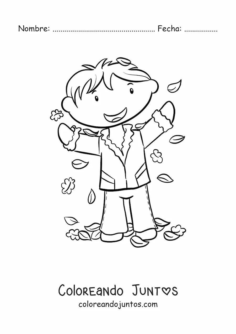 Imagen para colorear de niño kawaii jugando con hojas de otoño