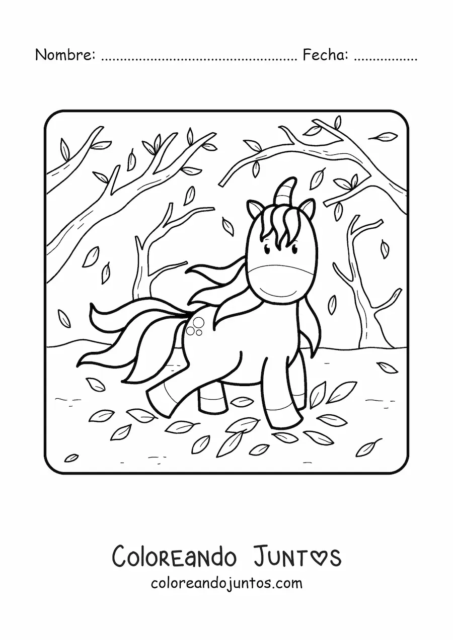 Imagen para colorear de unicornio kawaii en otoño