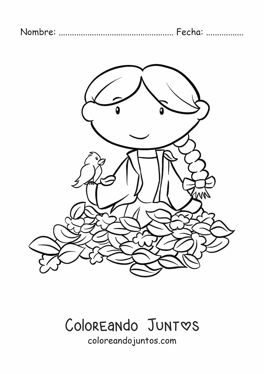 Imagen para colorear de niña kawaii en otoño