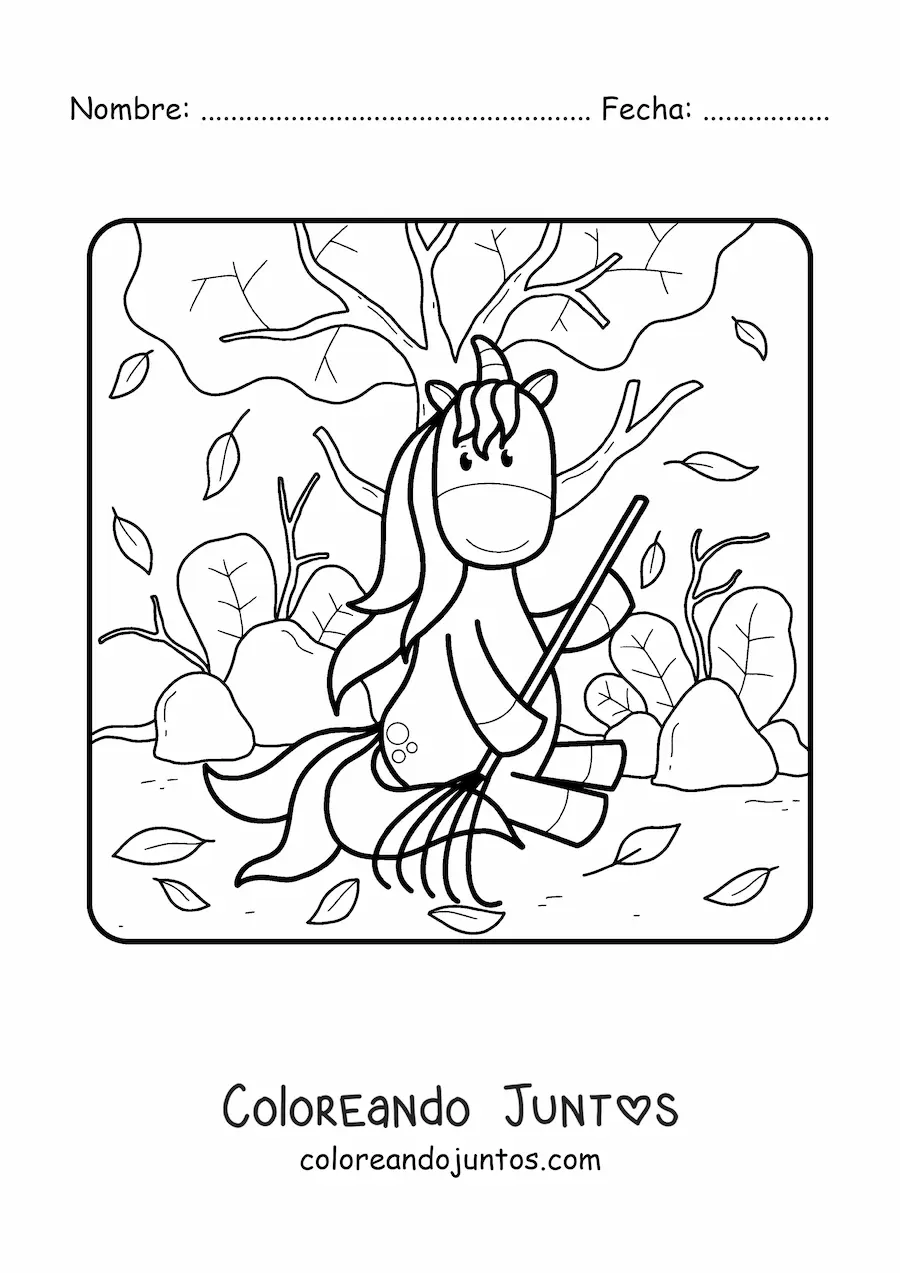 Imagen para colorear de unicornio barriendo hojas de otoño