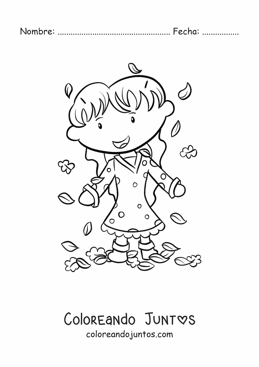 Imagen para colorear de niña jugando con hojas de otoño