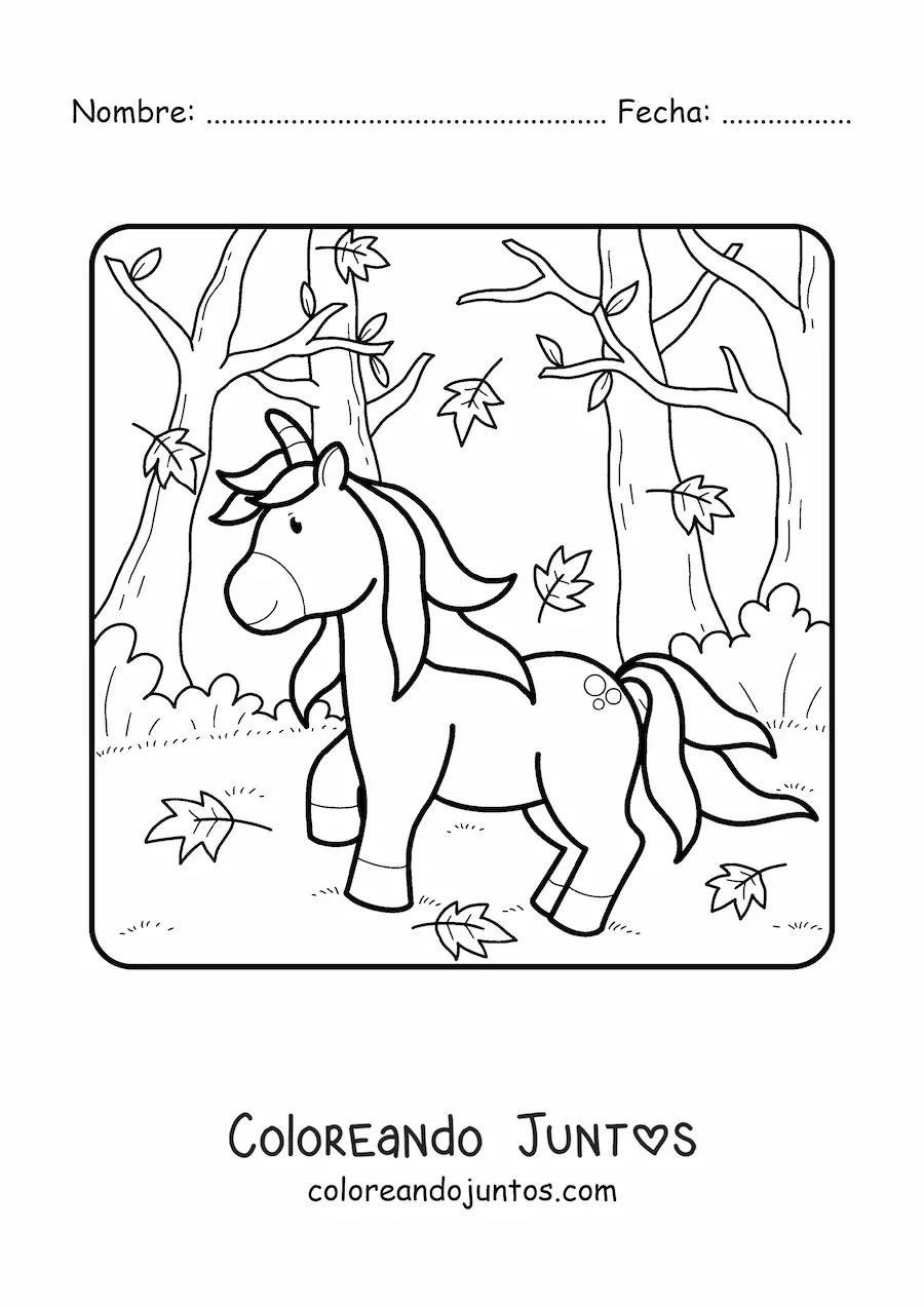 Imagen para colorear de unicornio en bosque de otoño