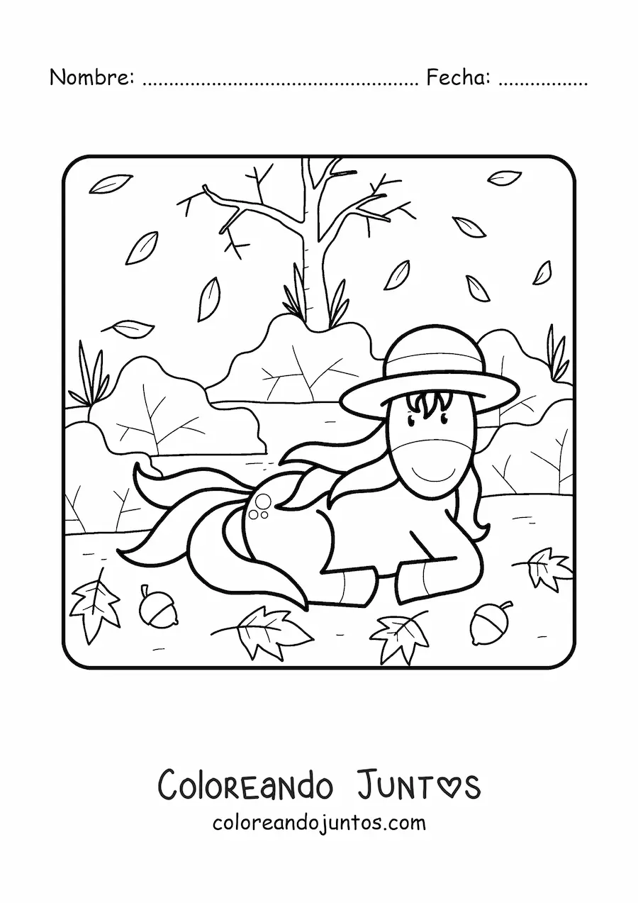 Imagen para colorear de unicornio de descanso en otoño