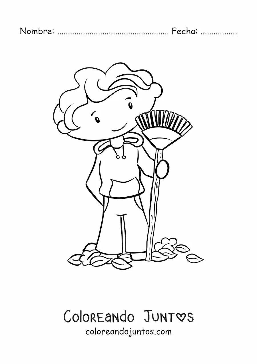 Imagen para colorear de niño barriendo hojas de otoño