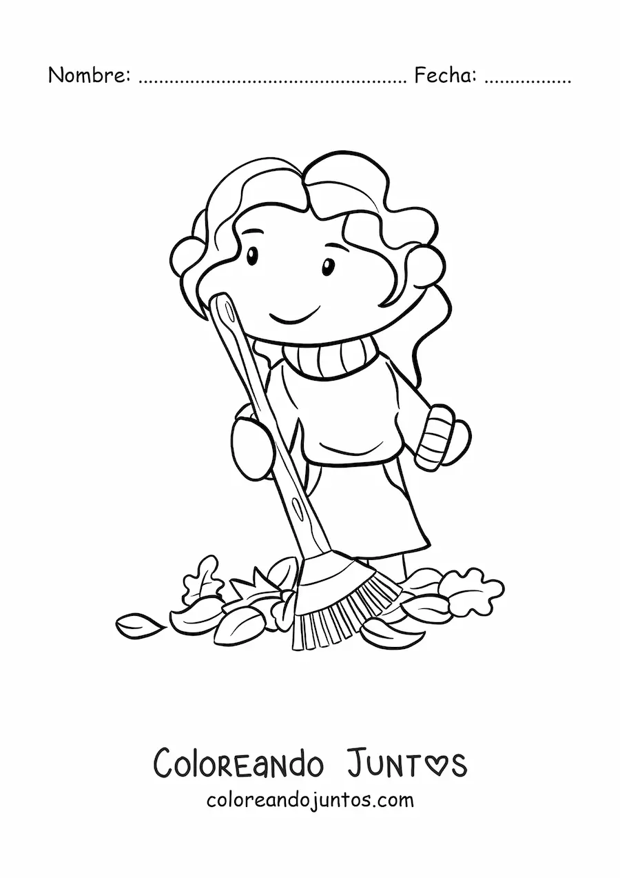 Imagen para colorear de niña con hojas de otoño