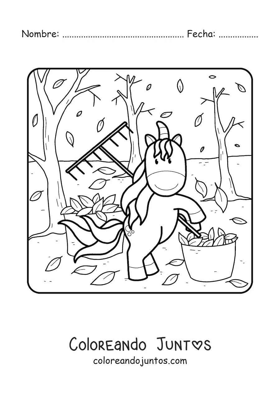 Imagen para colorear de unicornio y hojas de otoño
