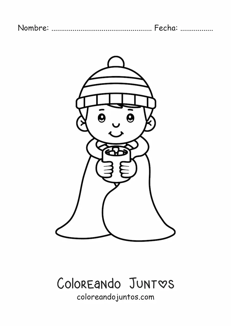 Imagen para colorear de niño kawaii con frío en invierno