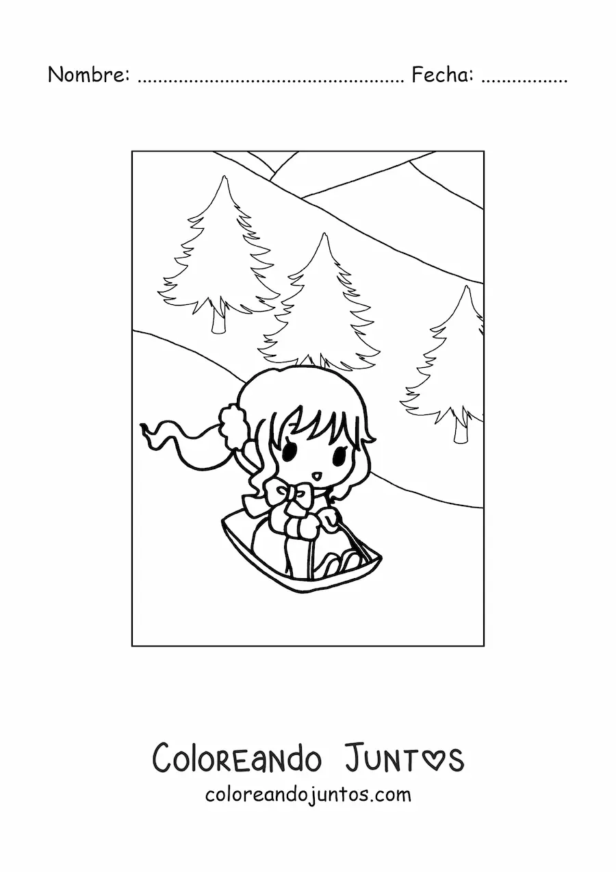 Imagen para colorear de niña kawaii con trineo