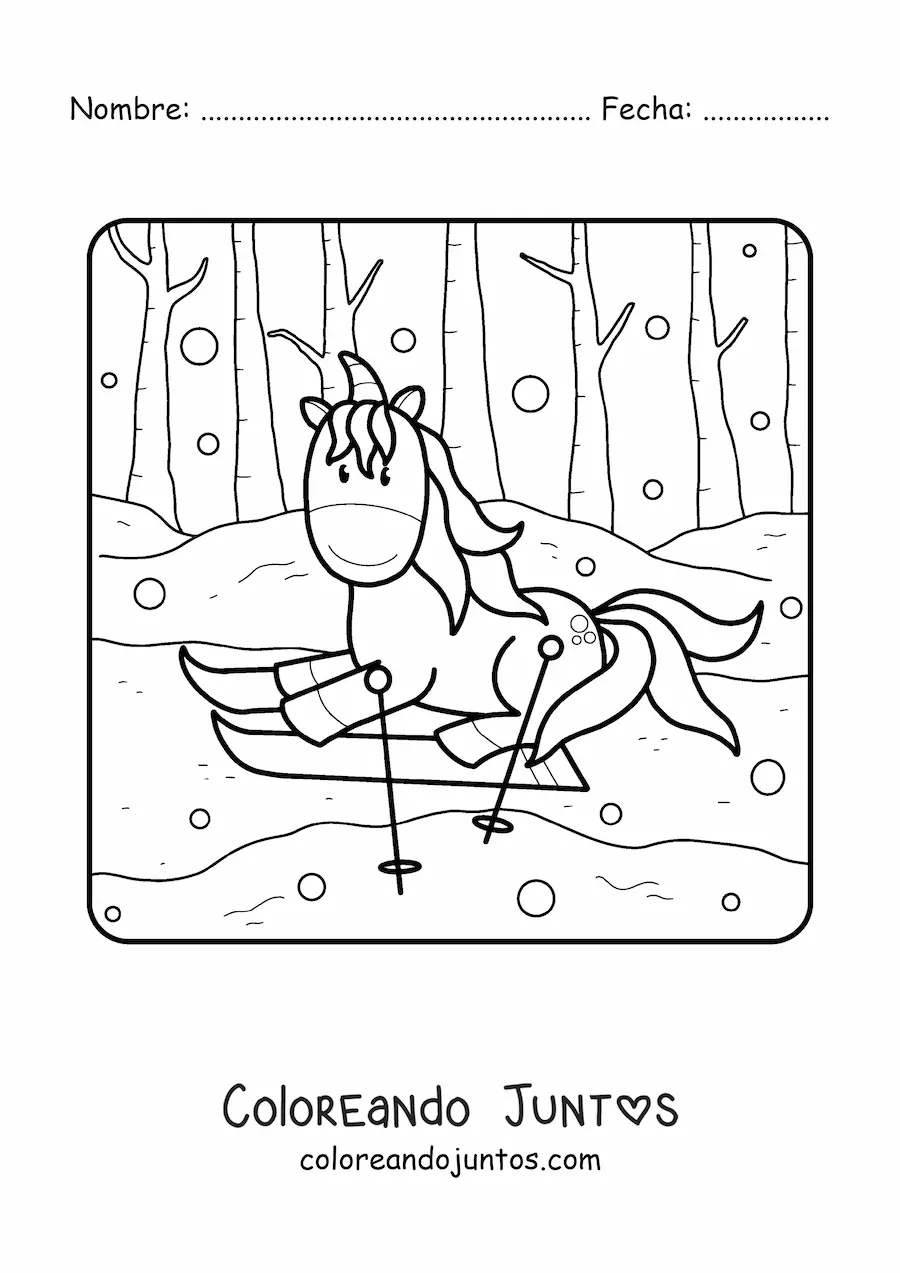 Imagen para colorear de unicornio animado esquiando en invierno