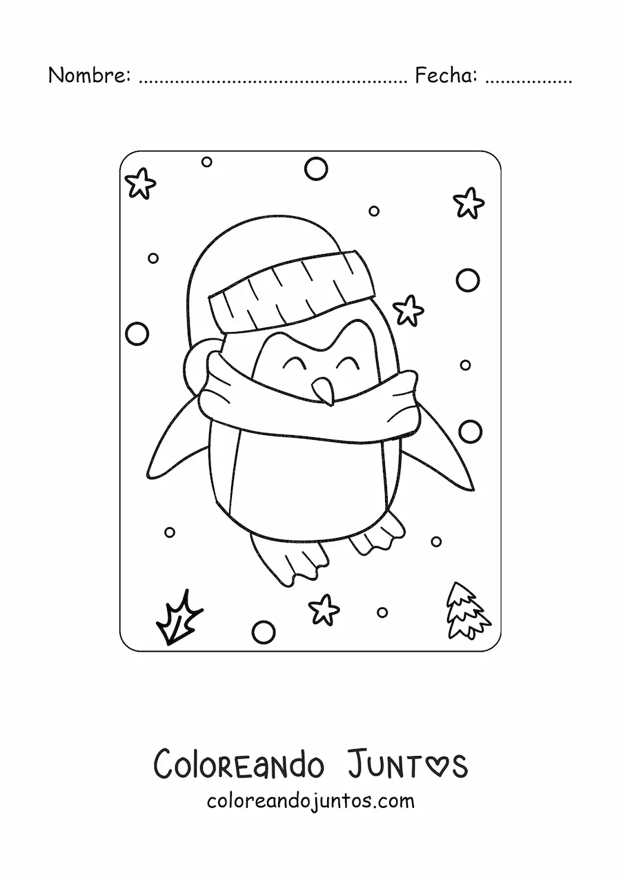 Imagen para colorear de pinguino kawaii con bufanda