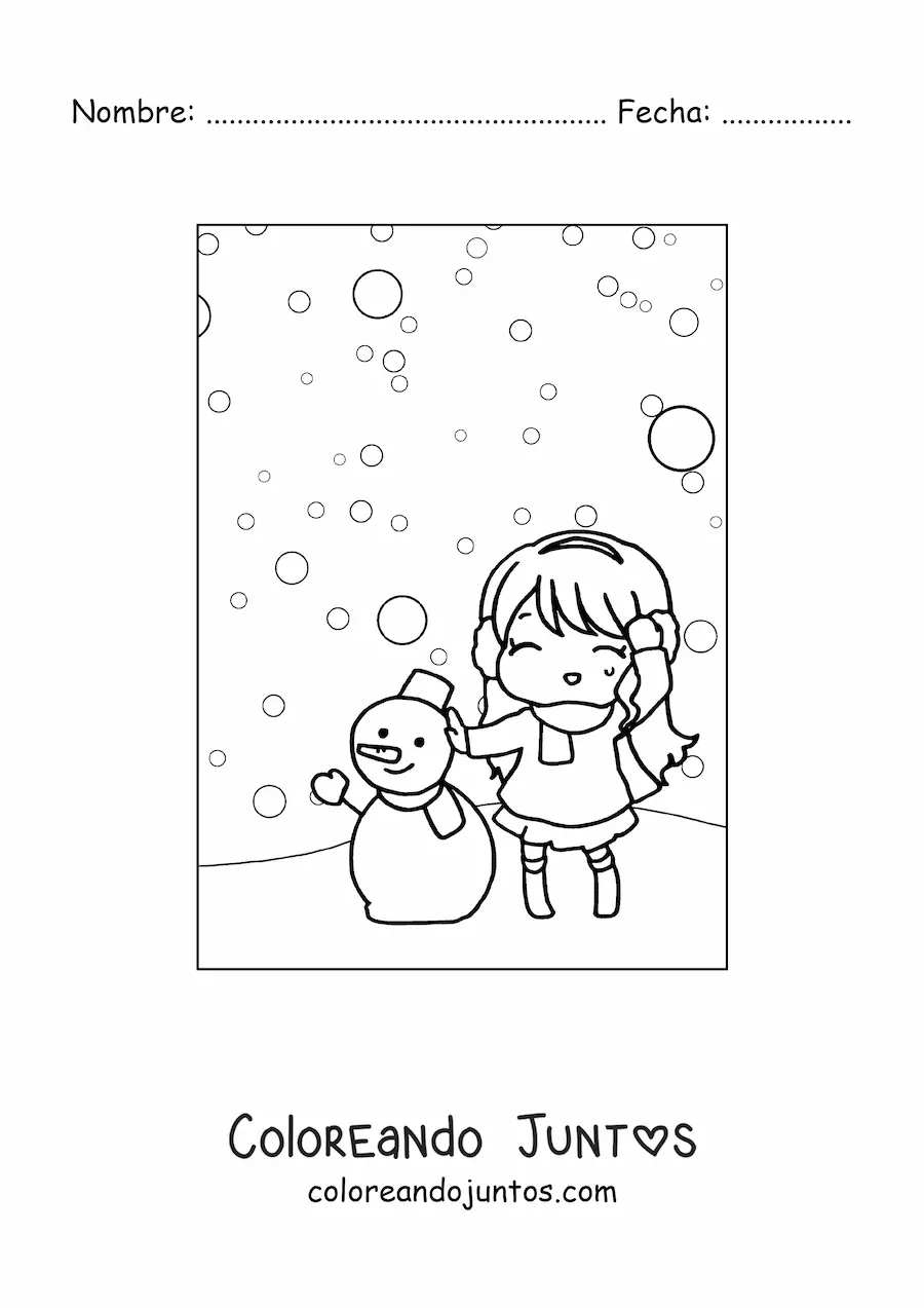 Imagen para colorear de niña kawaii en nevada con muñeco de nieve