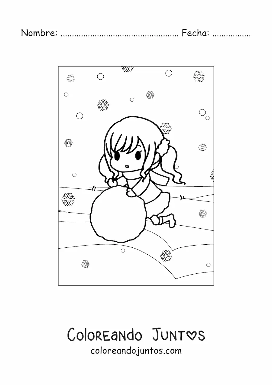 Imagen para colorear de niña kawaii con bola de nieve