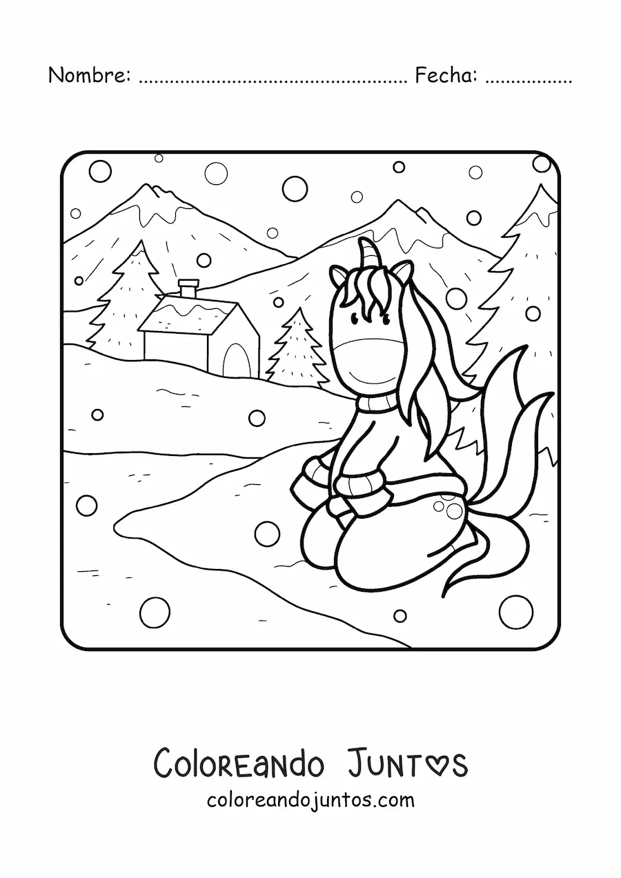 Imagen para colorear de unicornio con paisaje de invierno